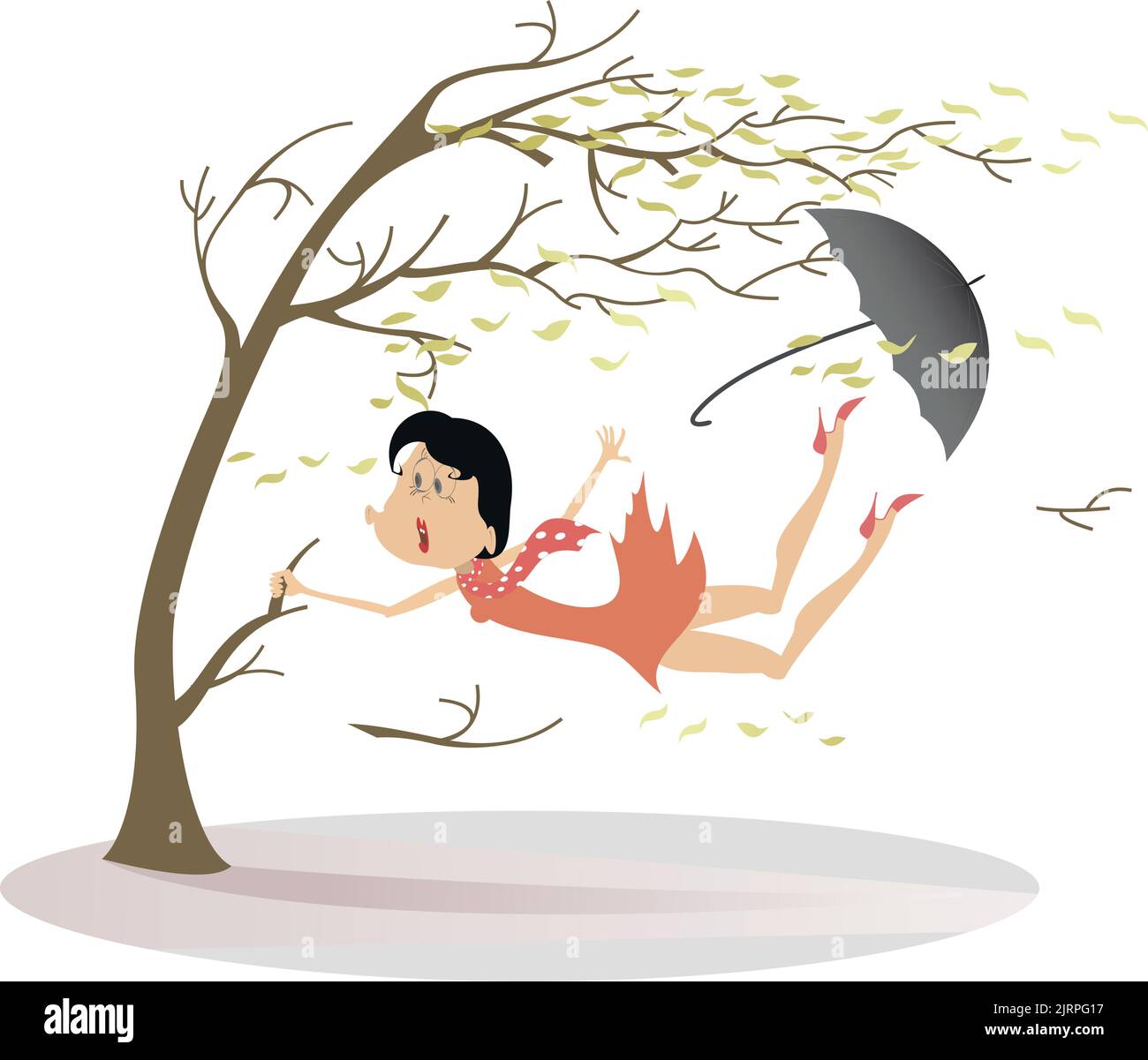 Strong wind, flying leaves and woman lost his hat and umbrella trying