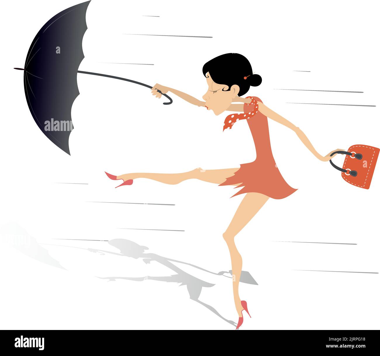 Strong wind, rain and woman with umbrella illustration. Young woman ...