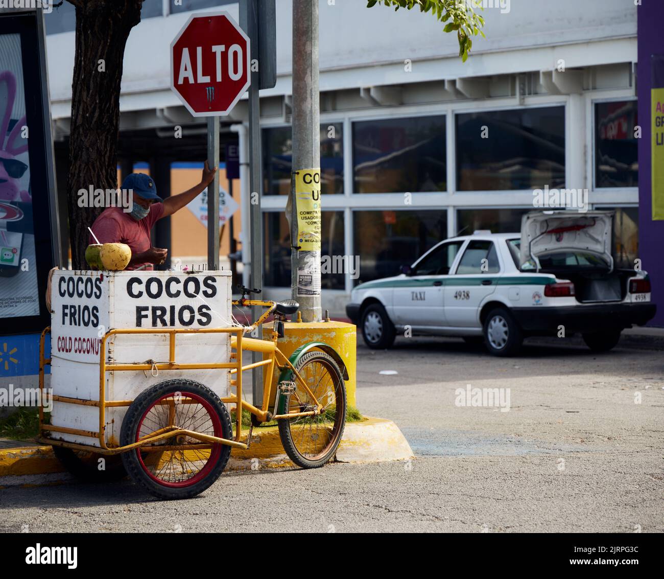 A Fresh Coconut vendor in Cancun during pandemic, Quintana Roo, Mexico
