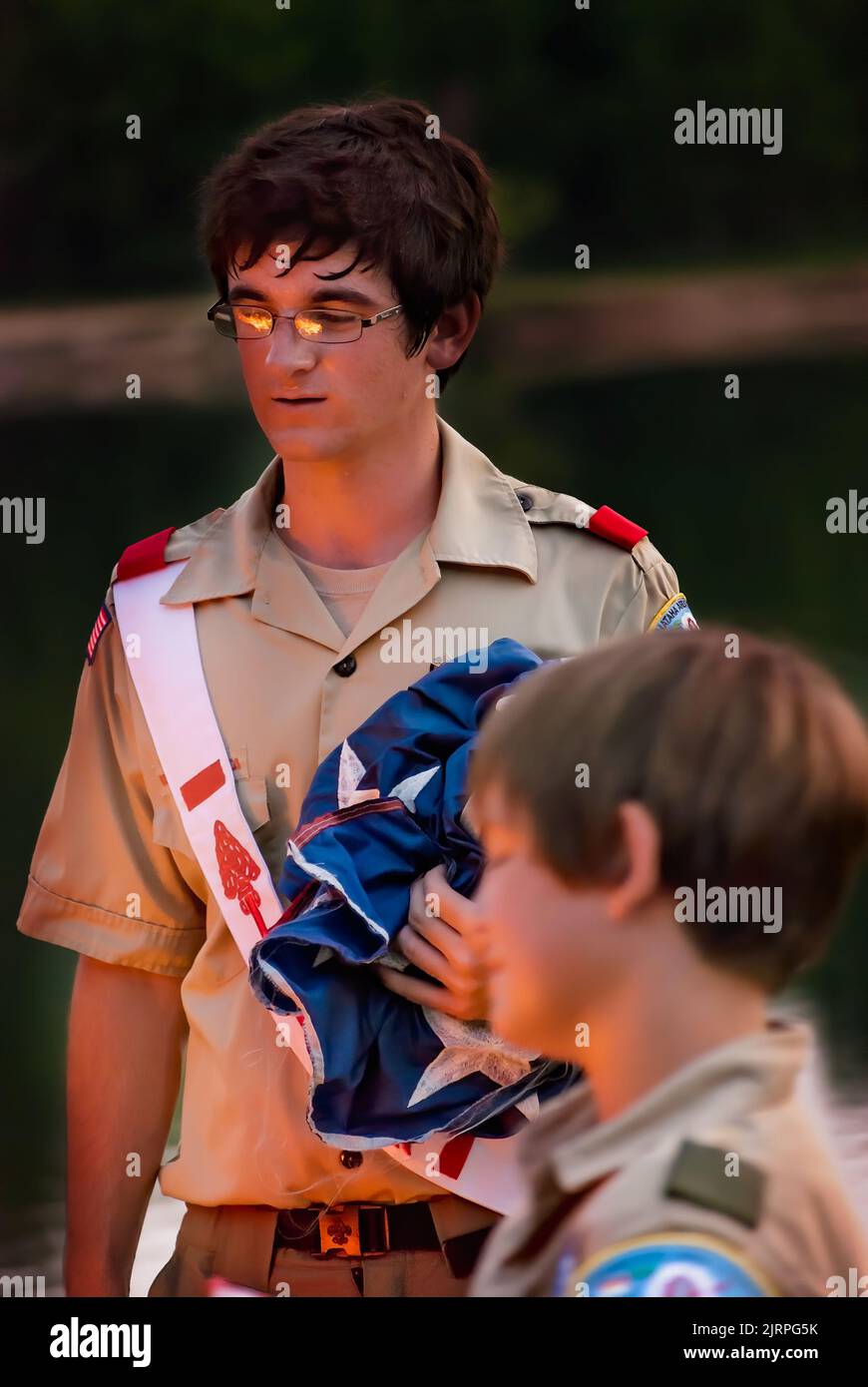 Boy Scouts participate in a flag retirement ceremony at Columbus Air ...