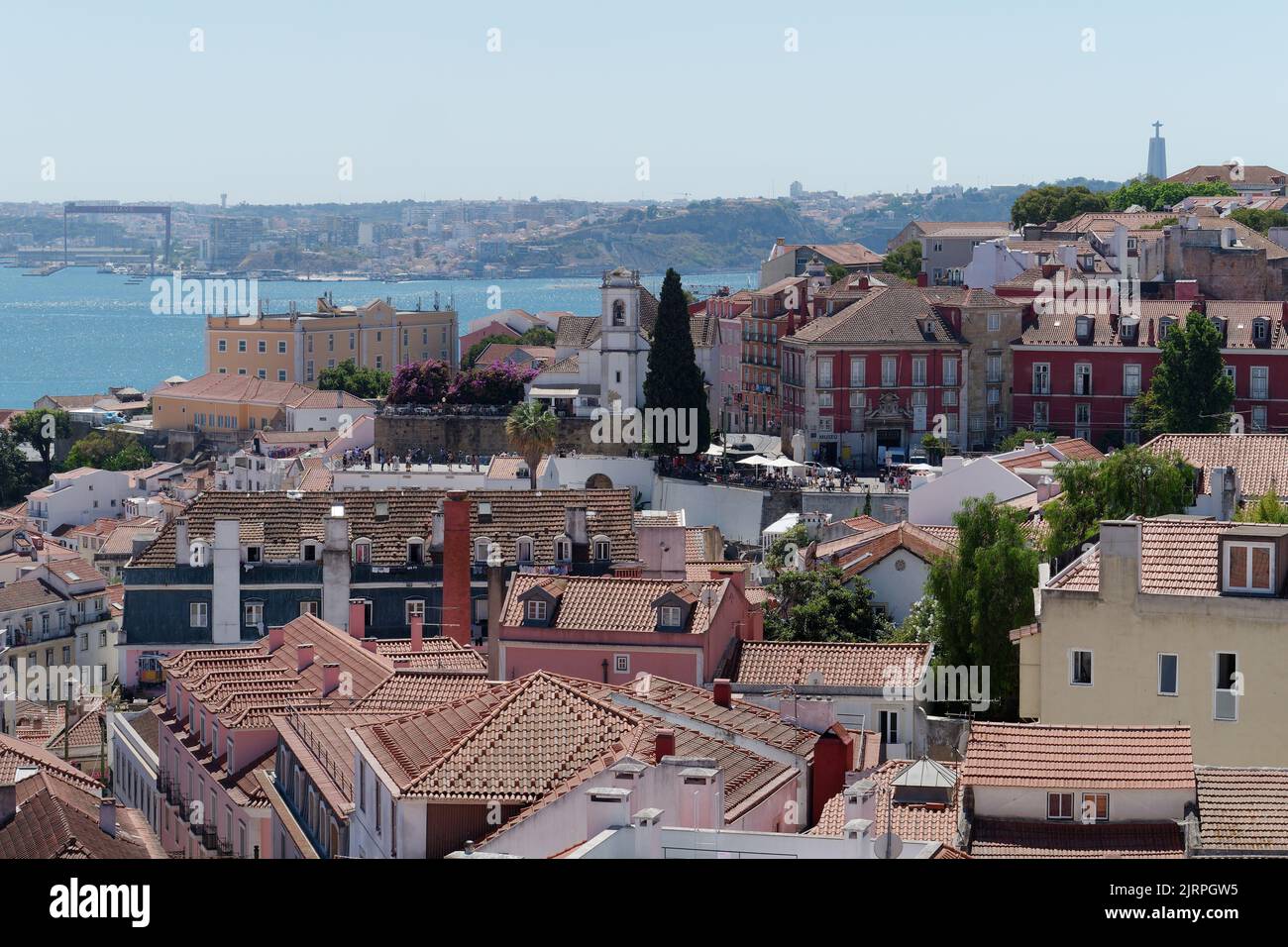 View over rooftops in Lisbon towards the River Tagus, from the Monastery of São Vicente de Fora. Stock Photo