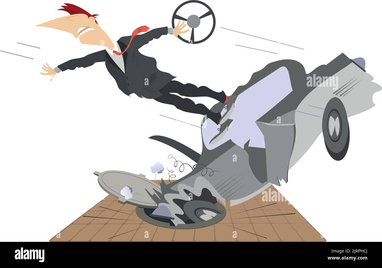 Road accident, car and sewer manhole illustration. Man with a steering