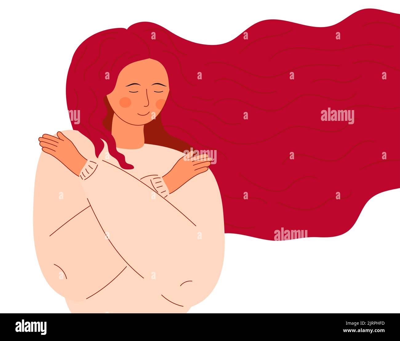 Cute woman with long hair hugs herself. Positive lady expressing love