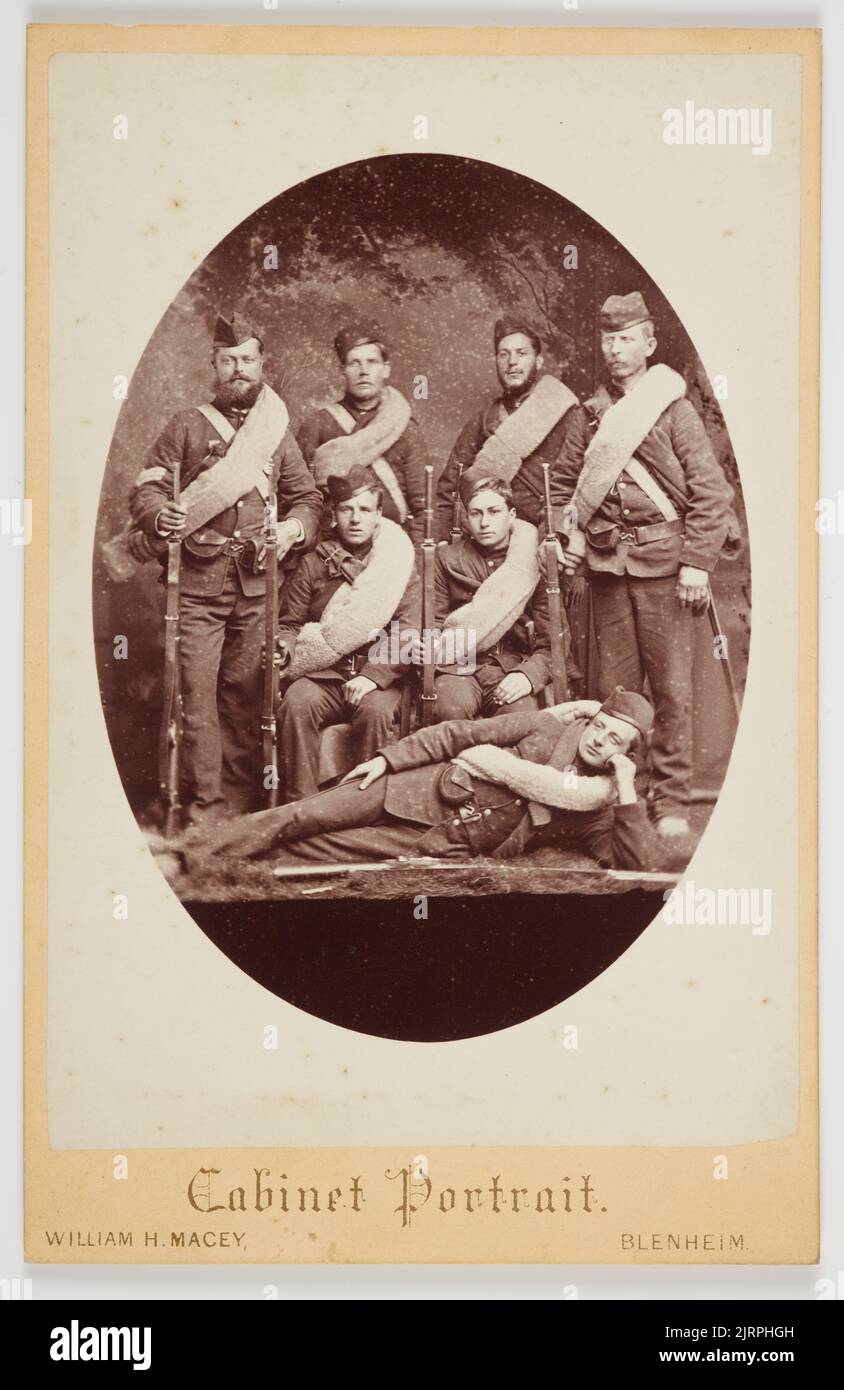 Portrait of a group of New Zealand militiamen, 1880s, Blenheim, by William H. Macey. Stock Photo