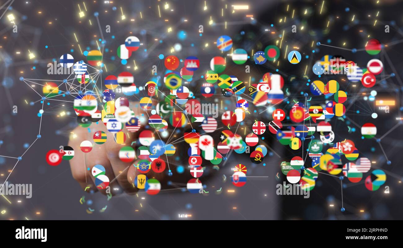 A finger pointing on a 3d floating digital illustration of world flags