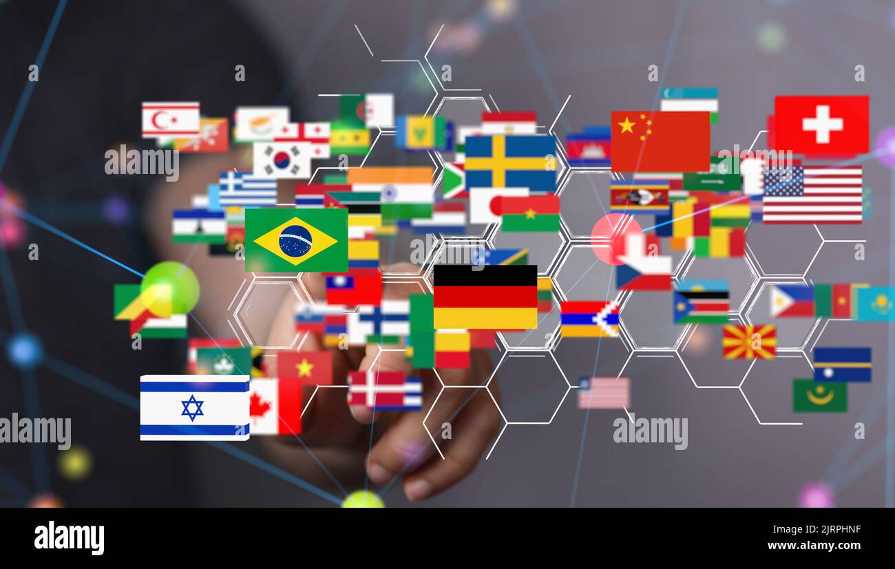 A finger pointing on a 3d floating digital illustration of world flags
