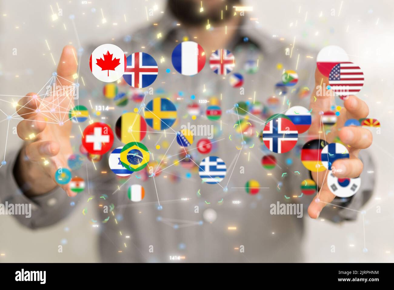 World Connection With Flags A 3d floating digital illustration of world flags between hands- the ...