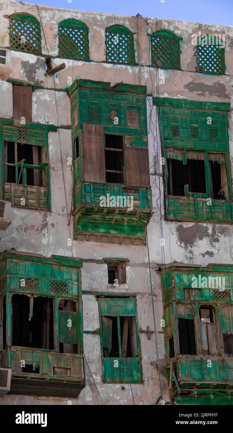 Crumbling balconies unrestored building Al Balad Jeddah Sausia Arabia Stock Photo