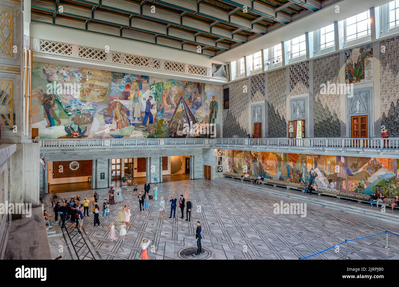 Oslo, Norway - August 13 2022: View of the  main hall of the Oslo City Hall, with the Henrik Sorensen's decoration. Stock Photo