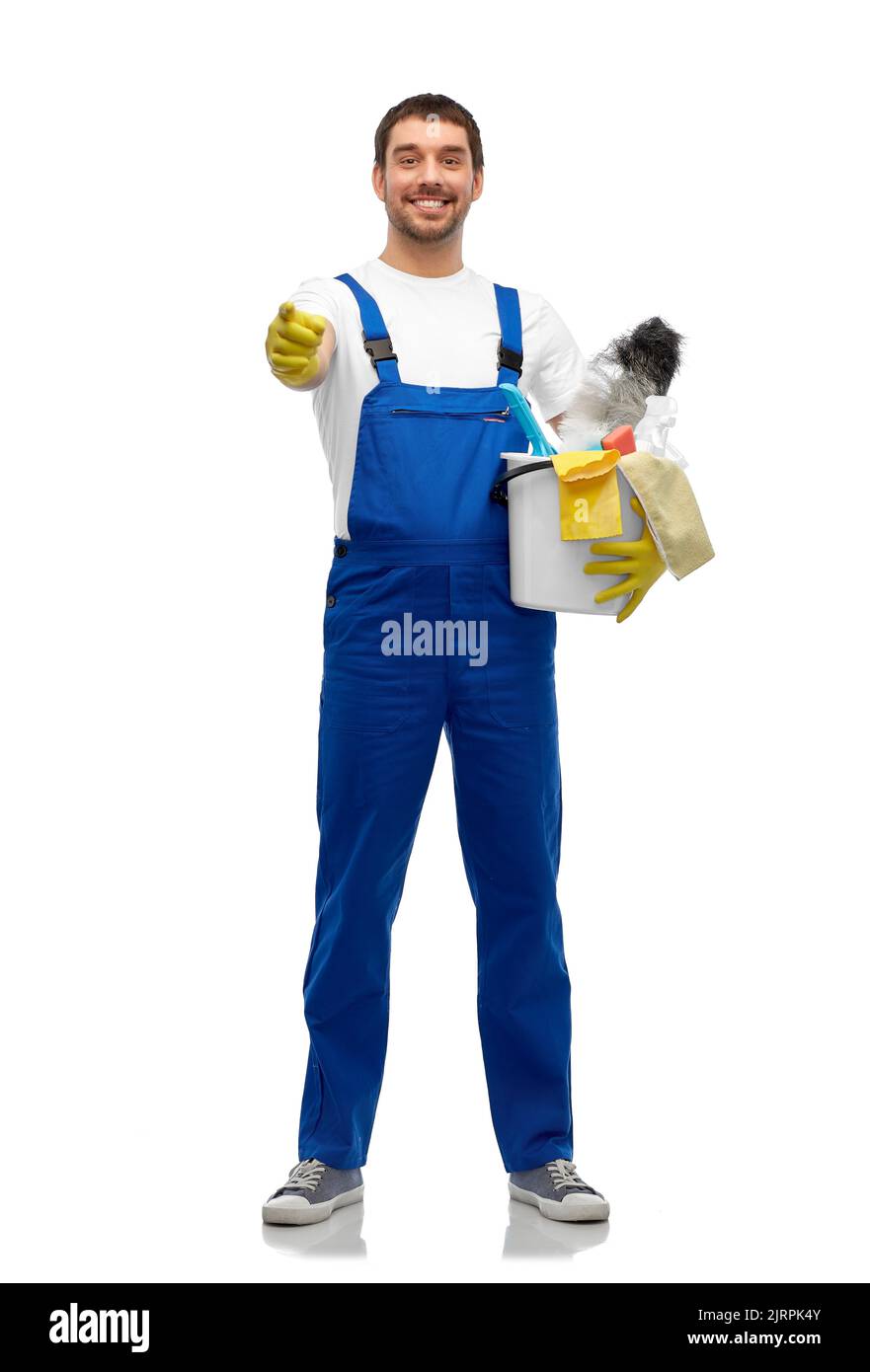 male cleaner in overall with cleaning supplies Stock Photo Alamy