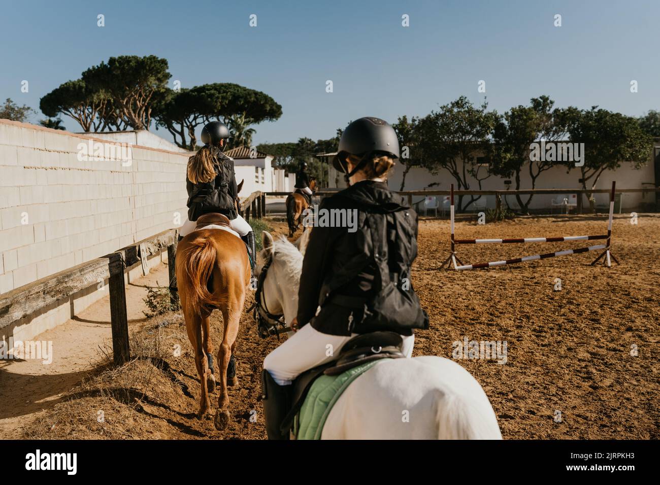 group of students jogging horses at an equestrian school Stock Photo