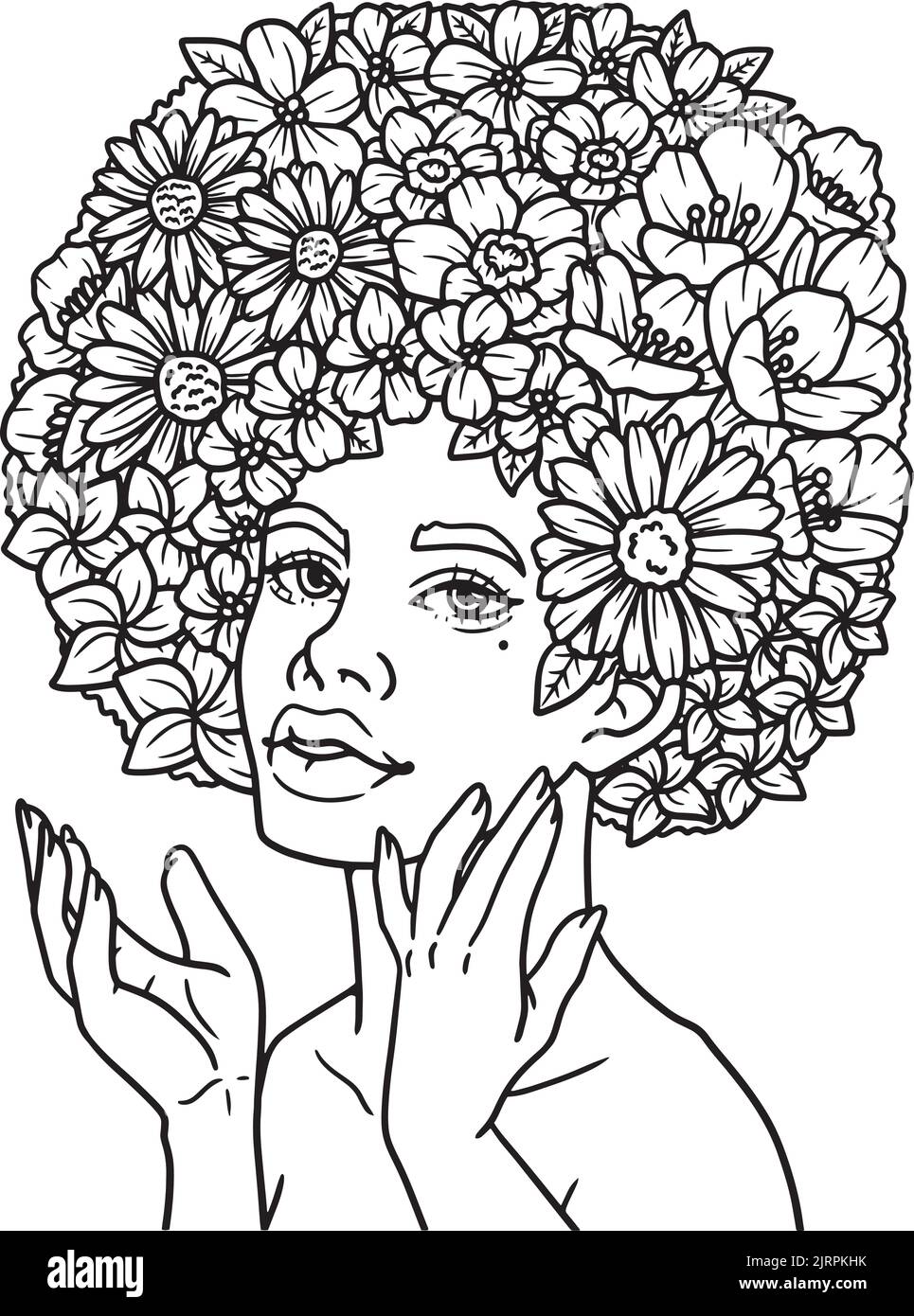 Beautiful Afro American Flower Girl Coloring Page Stock Vector