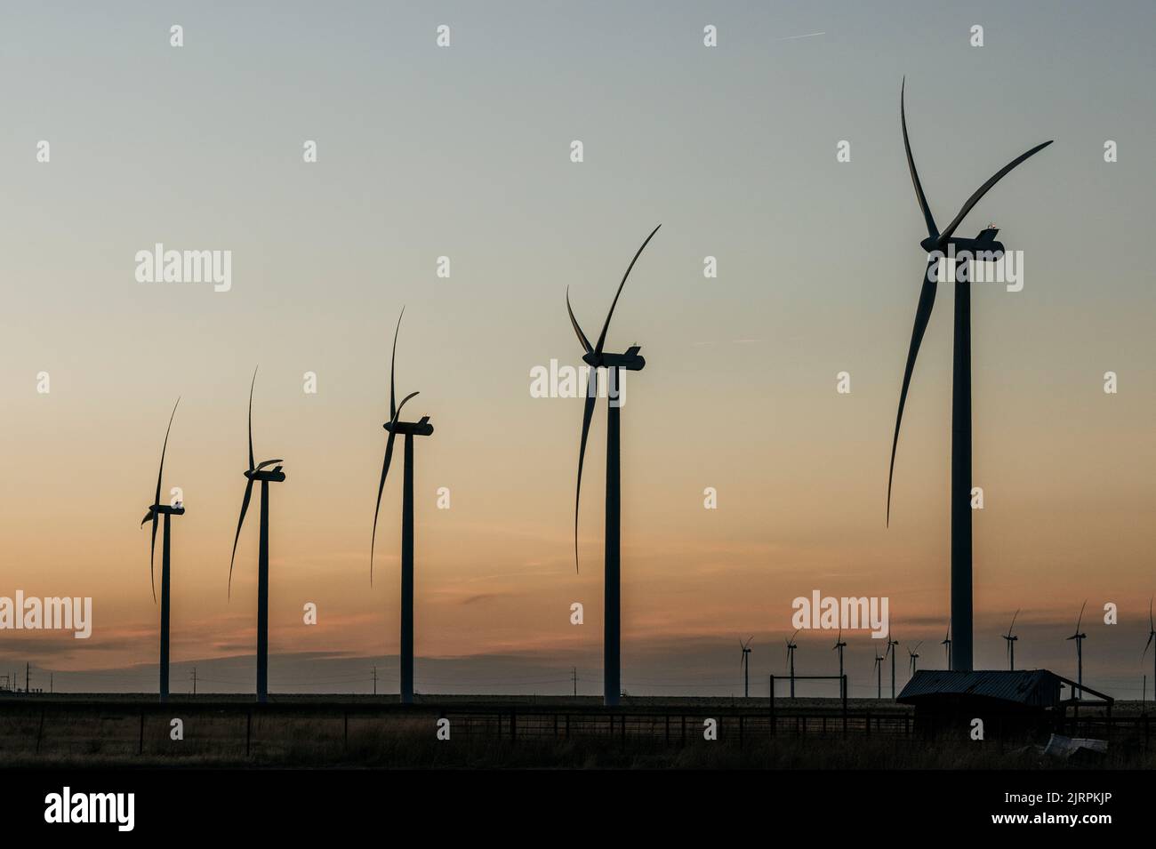 Industrial wind farm windmills at sunset, Adrian, Texas Stock Photo Alamy