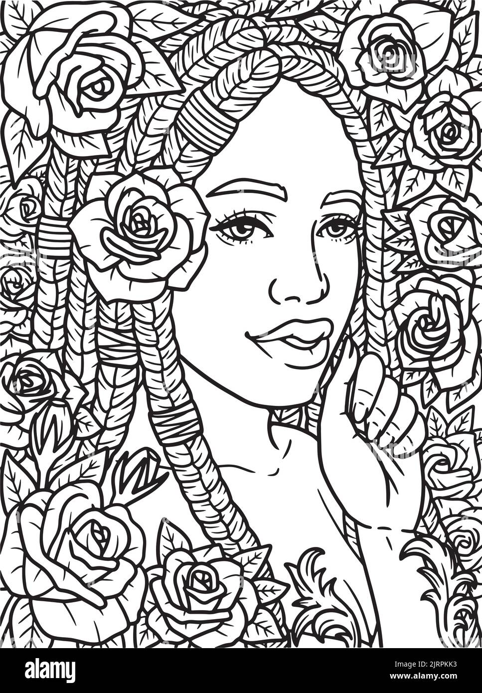 Afro American Girl With Rose Coloring Page Stock Vector