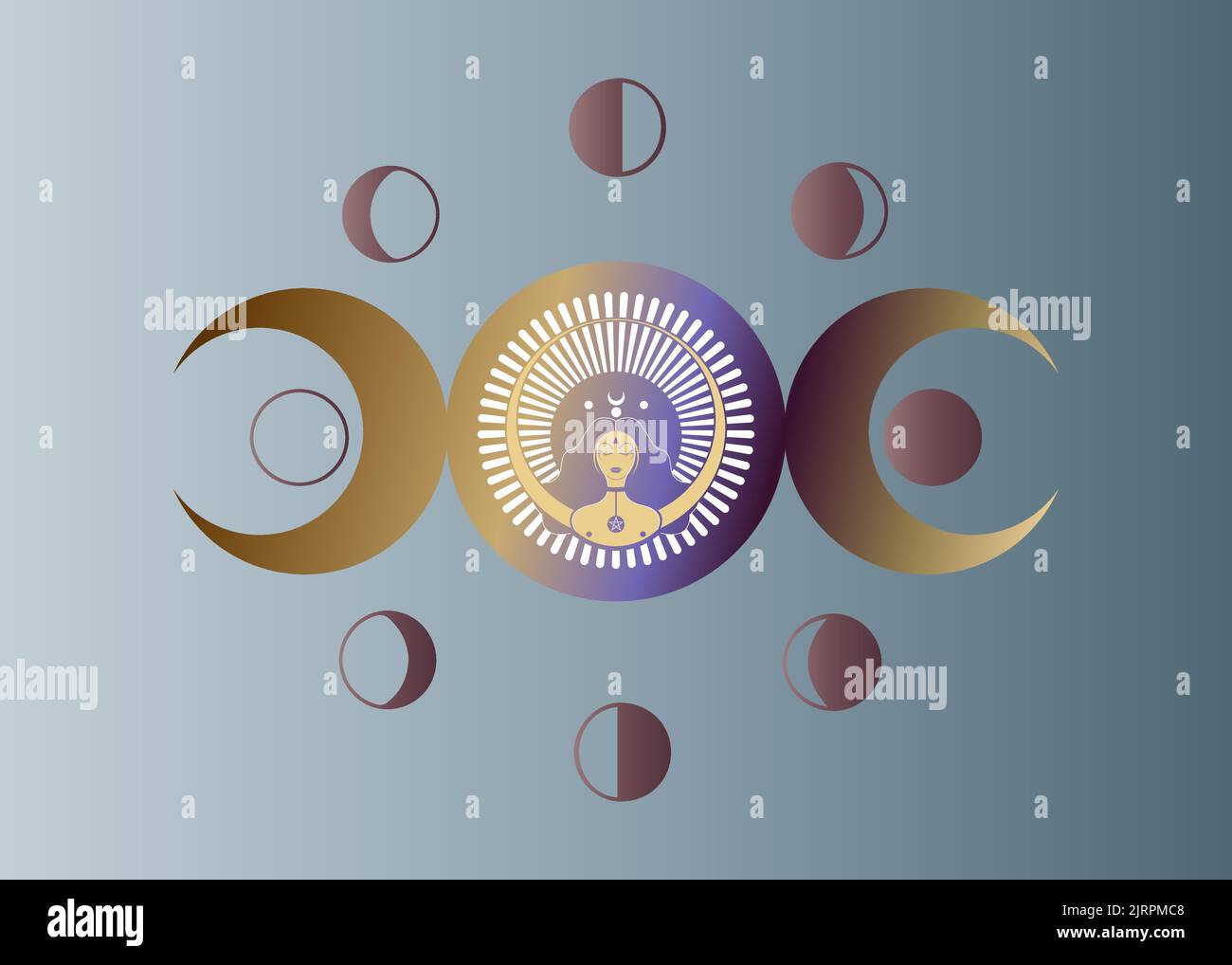 Wiccan woman icon, Triple goddess symbol of moon phases. Triple Moon Religious Wicca sign. Neopaganism logo. Lunar calendar cycles. New, Full Moon Stock Vector