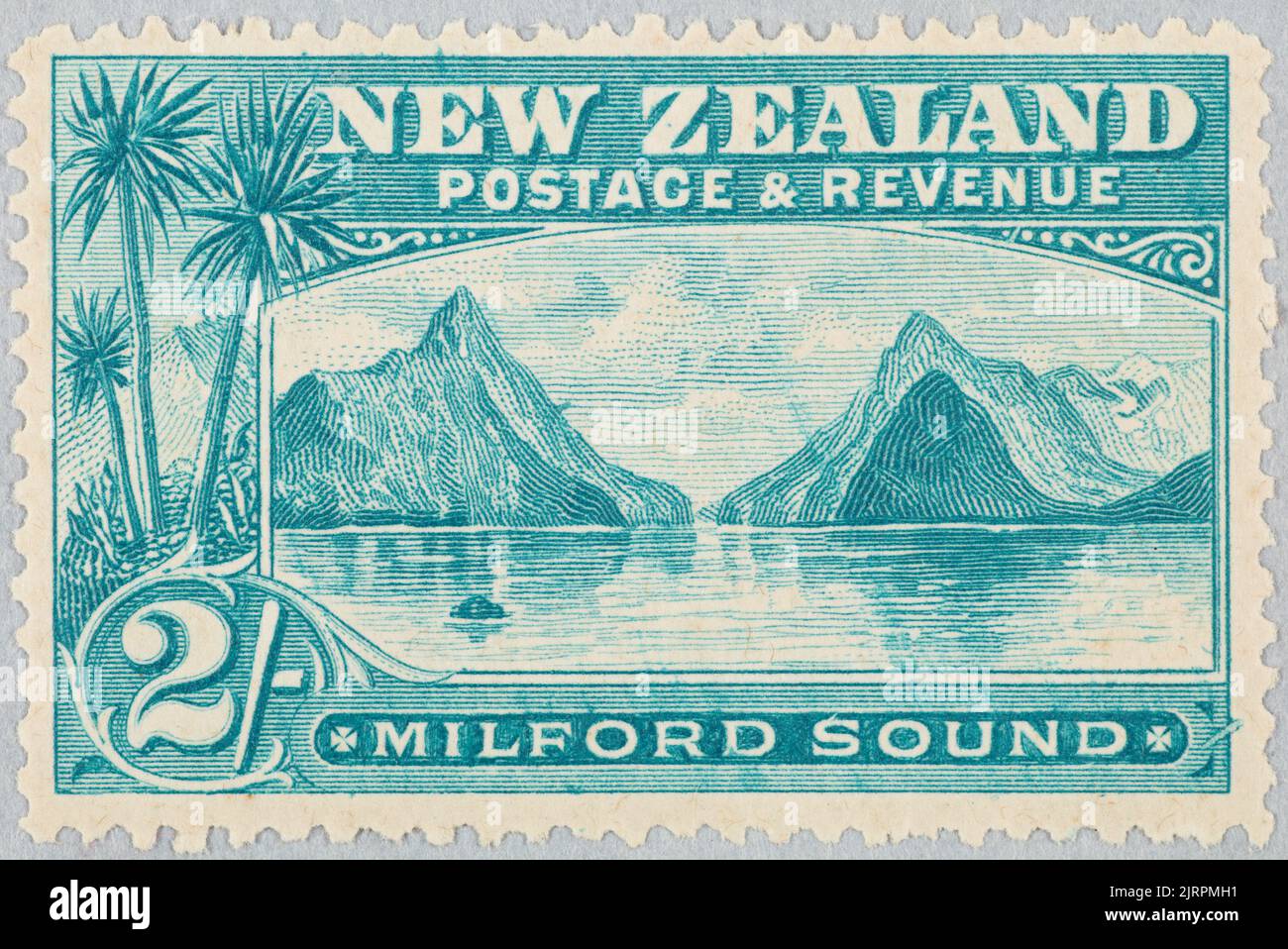 Issued two shillings 'Milford Sound' stamp, 1898, England, by Waterlow