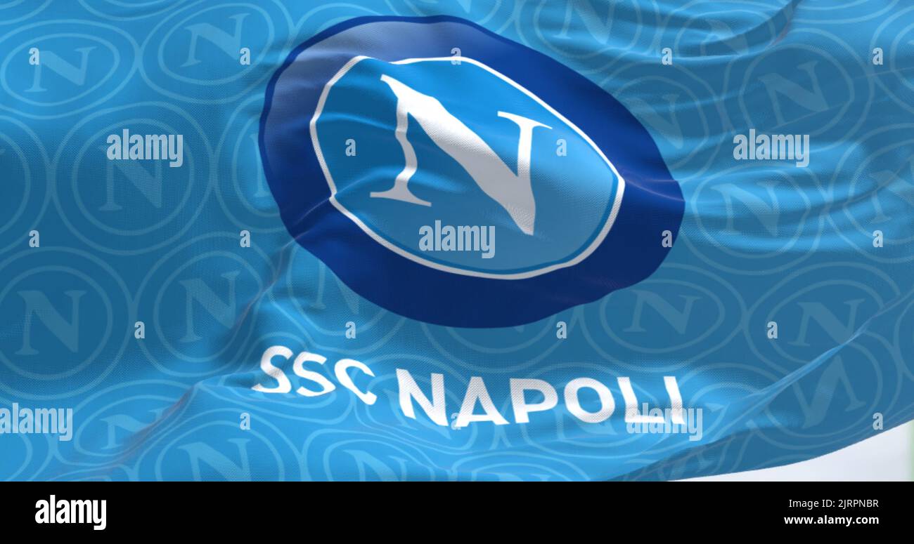 Naples, Italy, July 2022: The flag of SSC Napoli waving. SSC Napoli is a professional football club based in Naples, Italy. Stock Photo