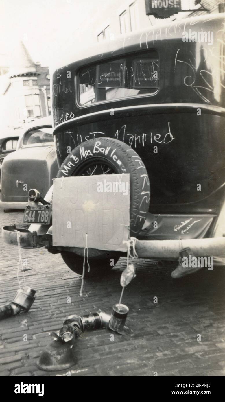 Vintage Just Married Decorated Car with Tin Cans, about 1930