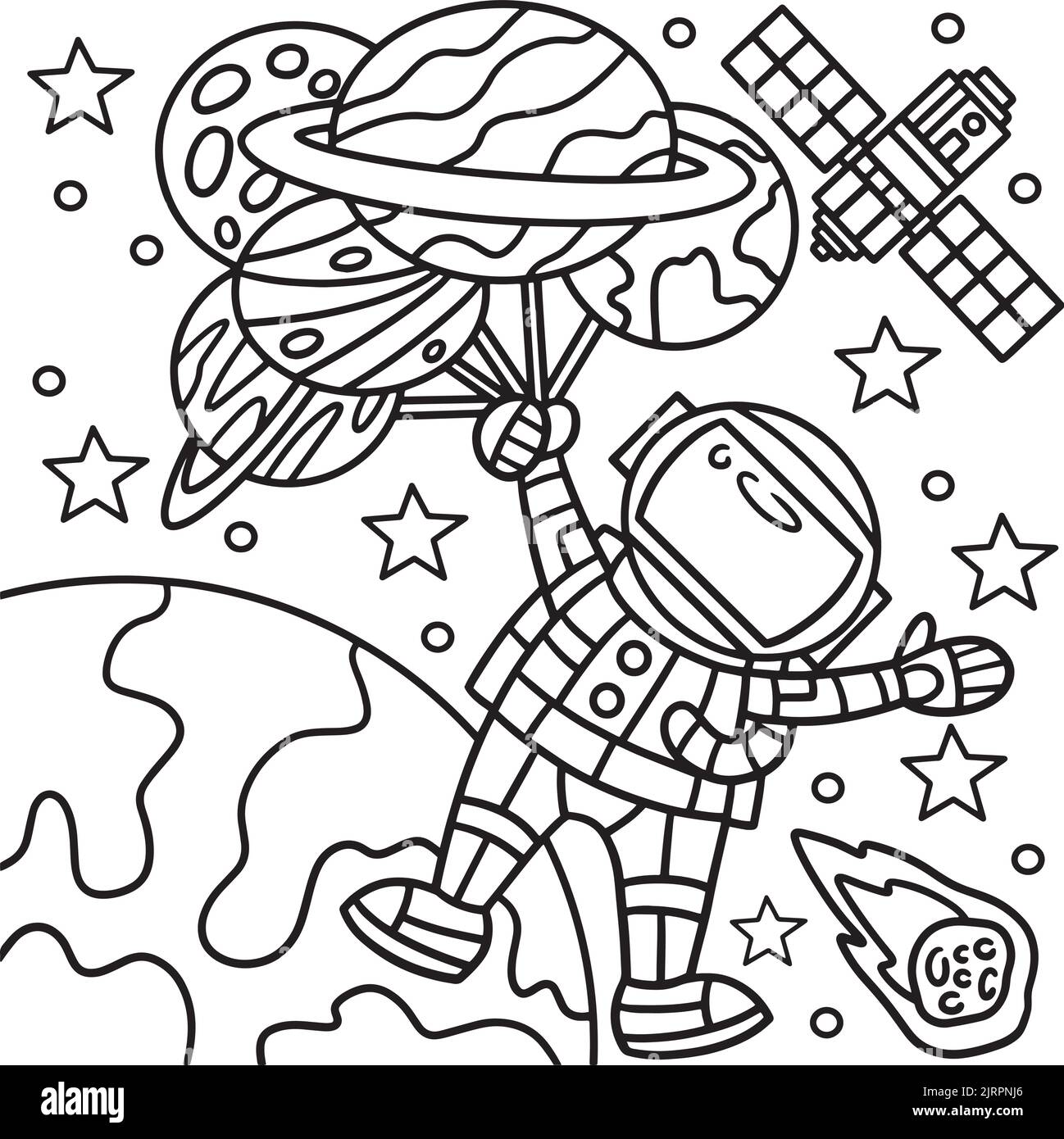Astronaut Holding Balloon Planet Coloring Page  Stock Vector