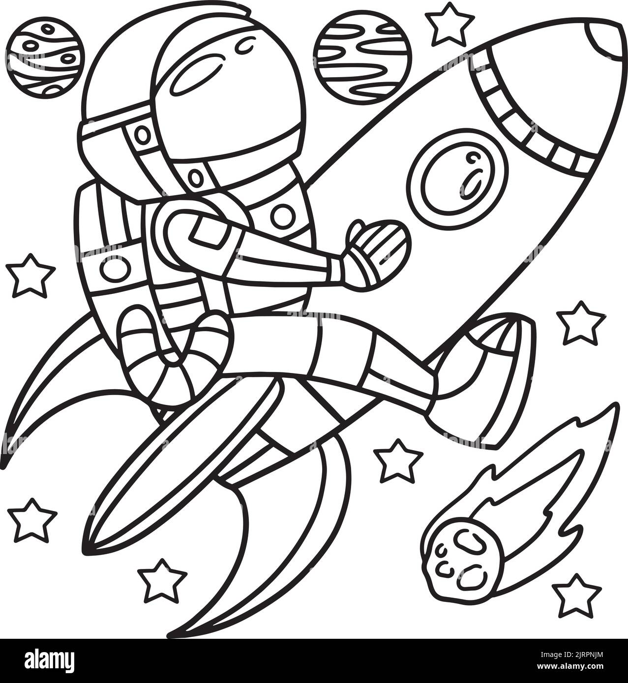 Astronaut Riding On A Rocket Ship Coloring Page Stock Vector