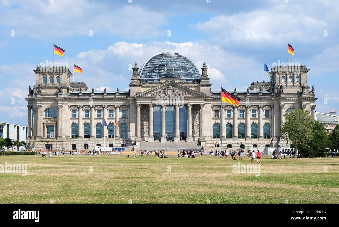 Berlin, Germany, August 9, 2022, Reichtstag frontal view, seat of the German parliament Stock Photo
