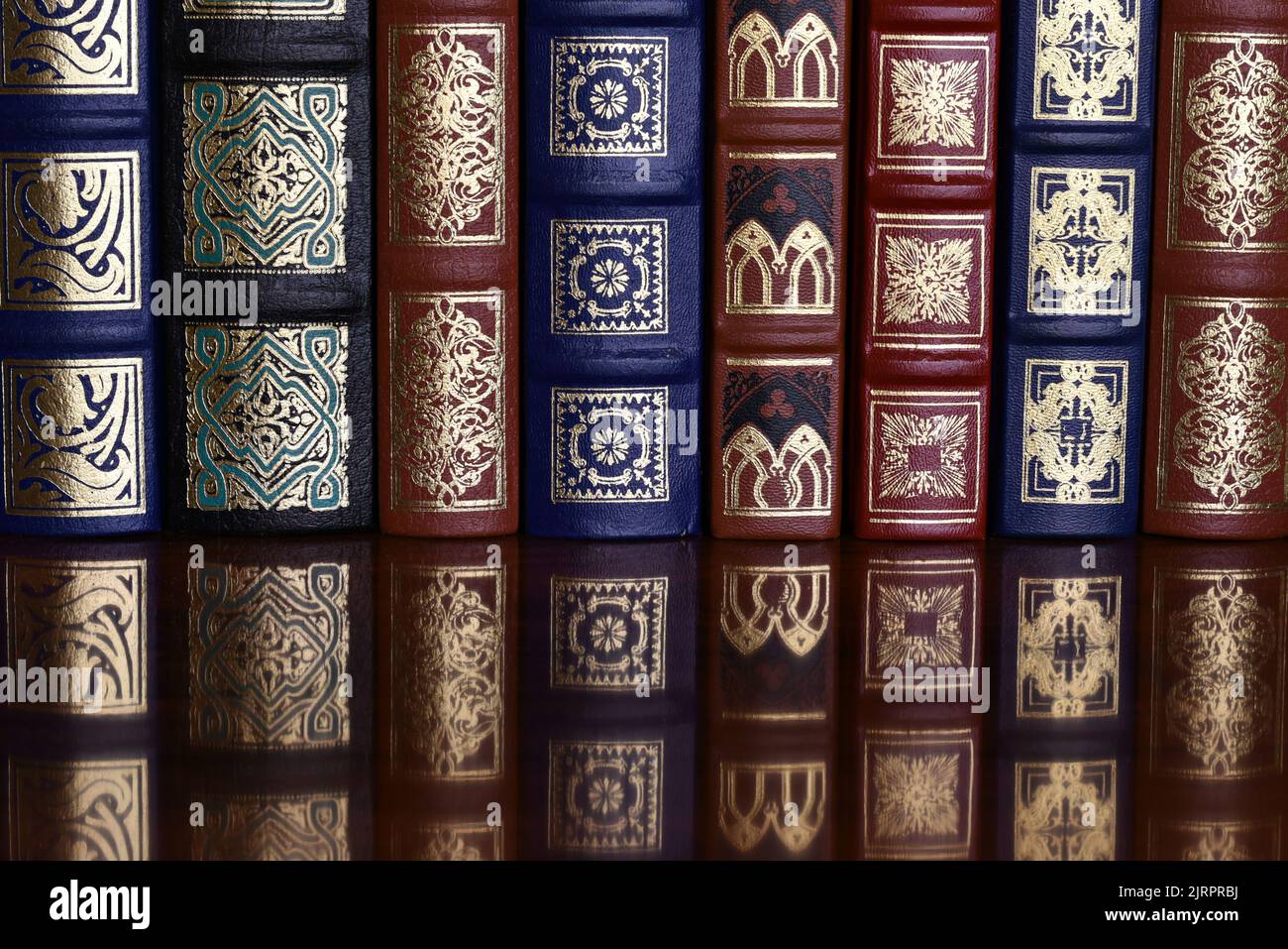 Detalle de unos libros clásicos en la estantería de una biblioteca Stock Photo