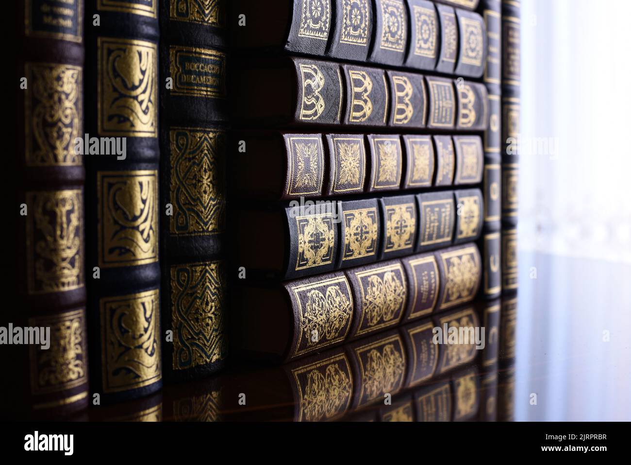 Detalle de unos libros clásicos en la estantería de una biblioteca Stock Photo