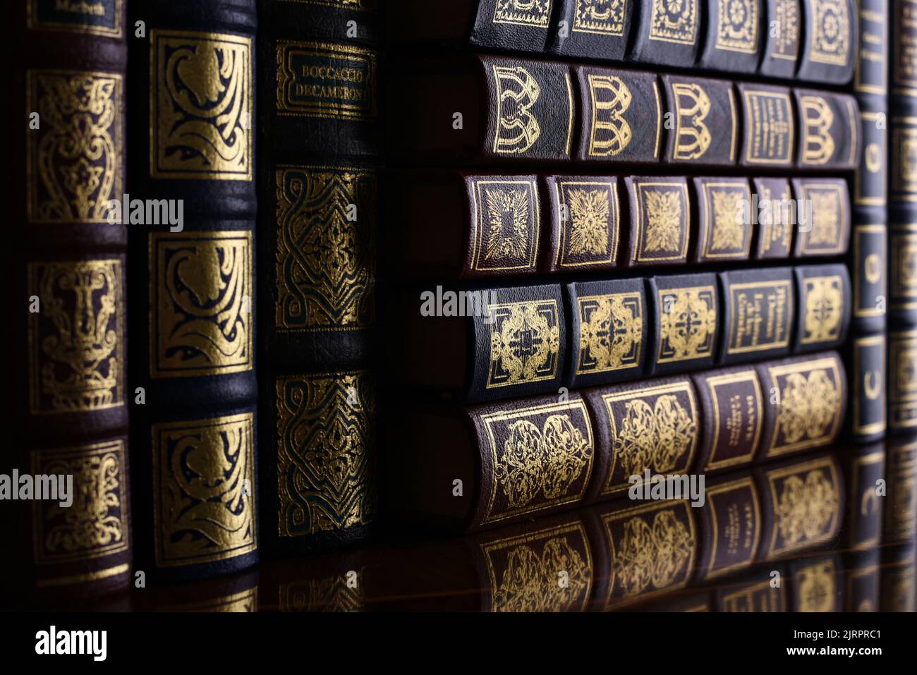 Detalle de unos libros clásicos en la estantería de una biblioteca Stock Photo