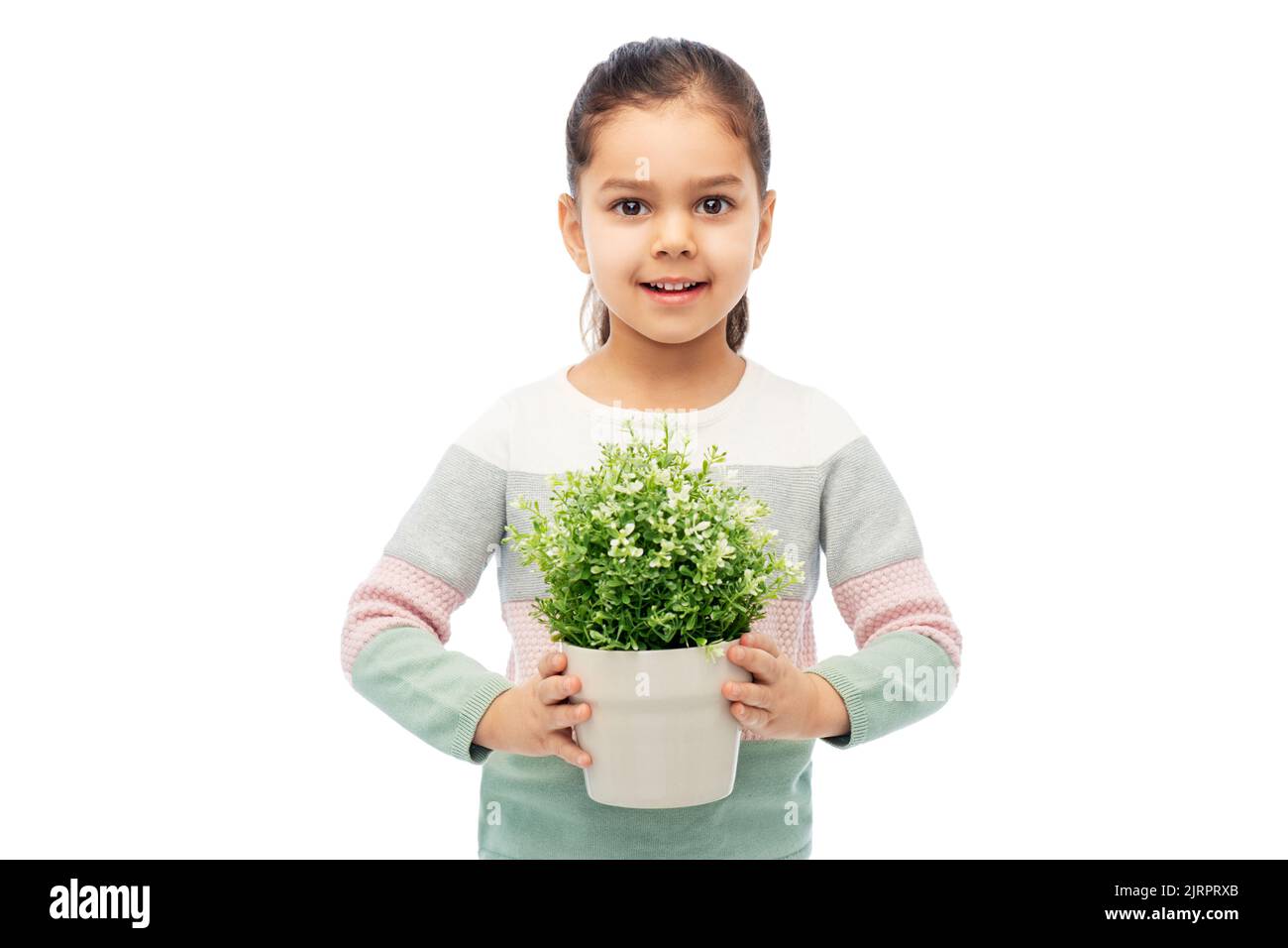 happy smiling girl holding flower in pot Stock Photo - Alamy