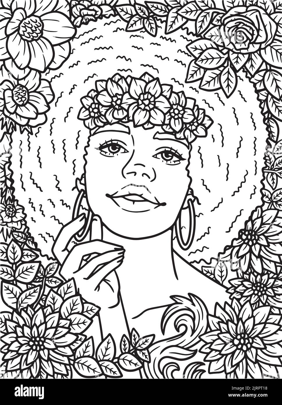 Afro American Girl With Flower Wreath Coloring  Stock Vector