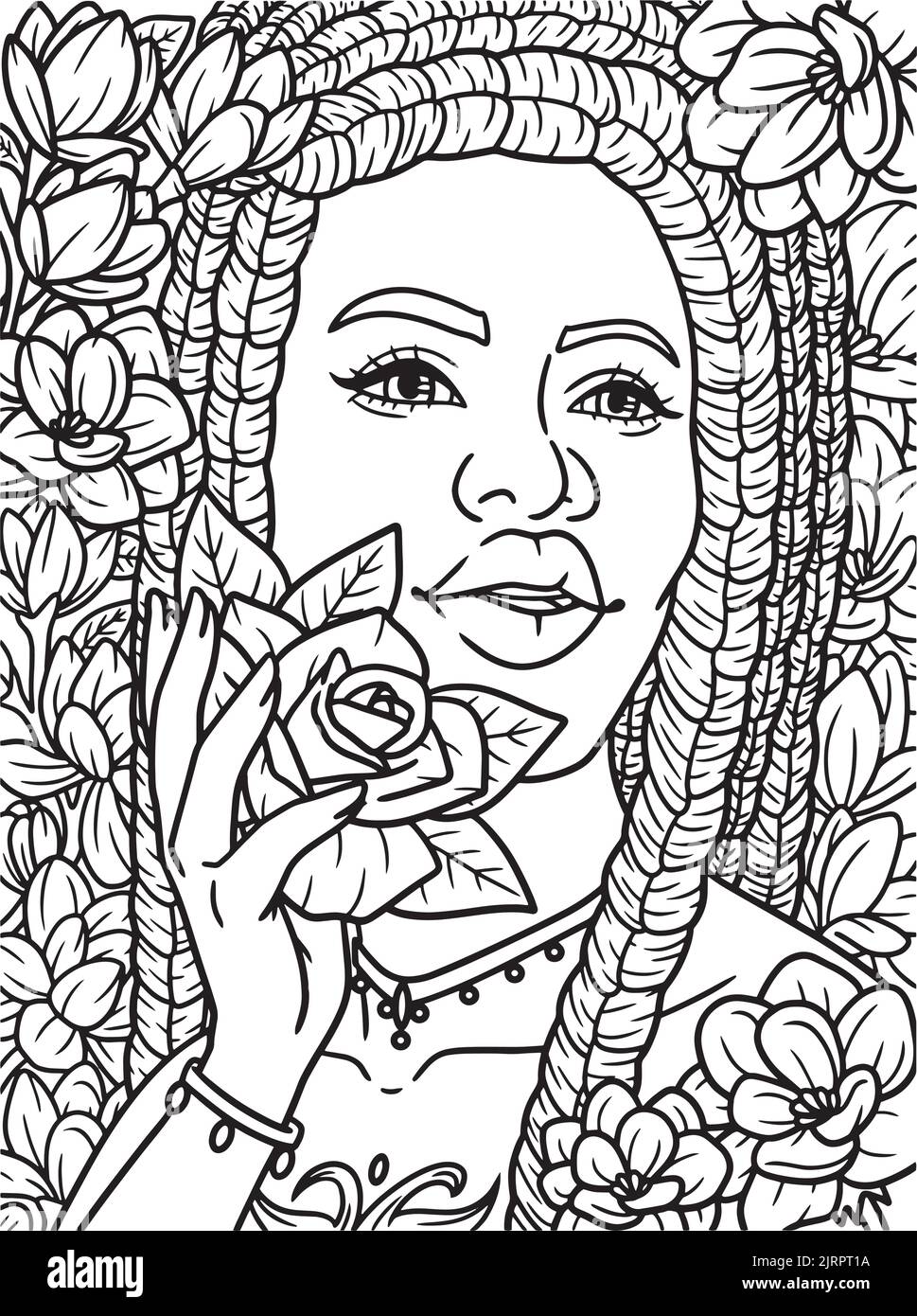 Afro American Girl Holding Flower Coloring Page Stock Vector