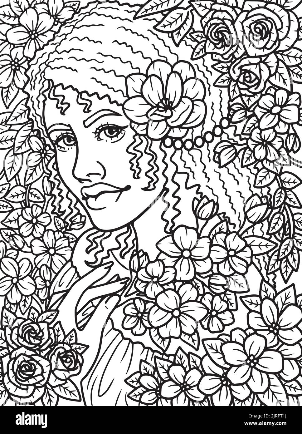 Afro American Cute Flower Girl Coloring Page  Stock Vector