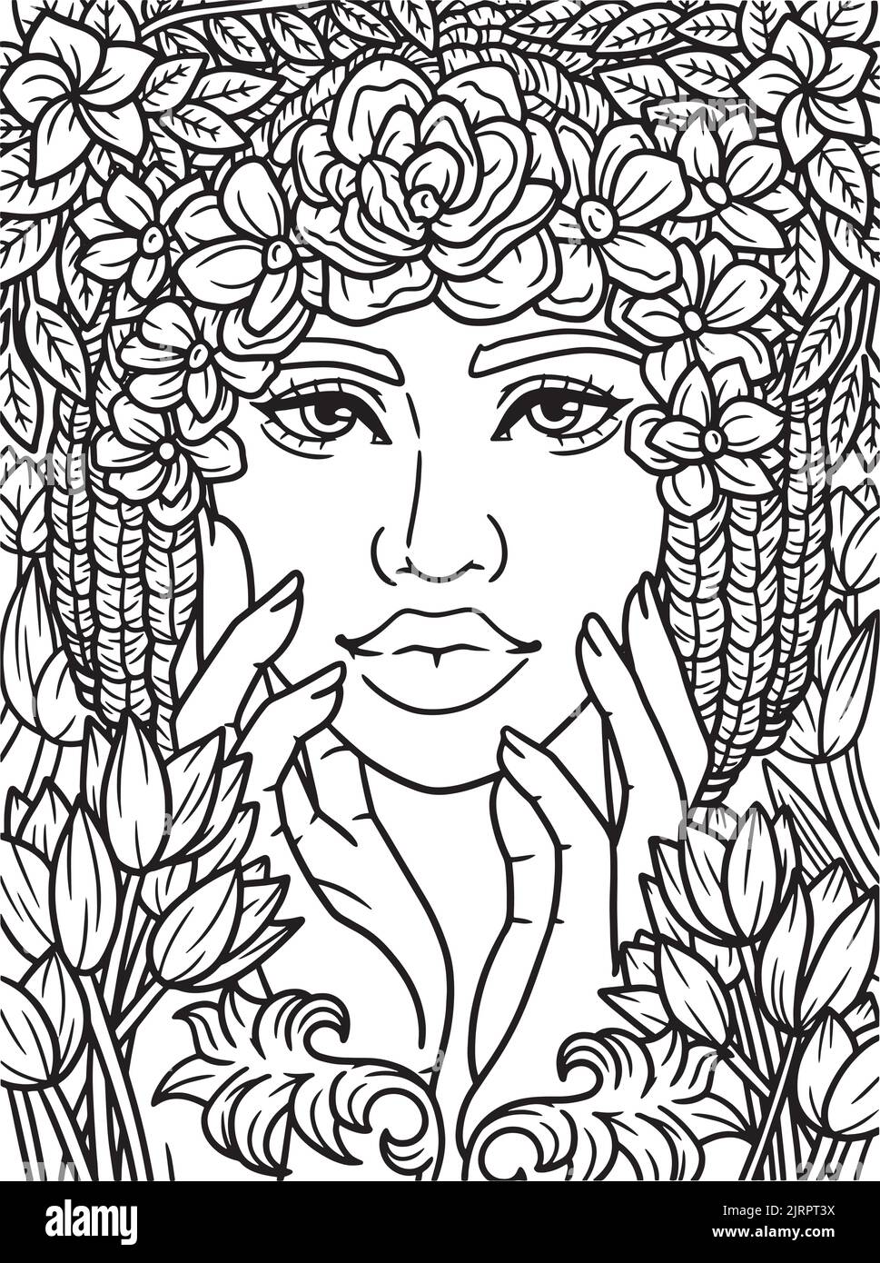 Afro American Flower Girl Coloring Page for Kids Stock Vector