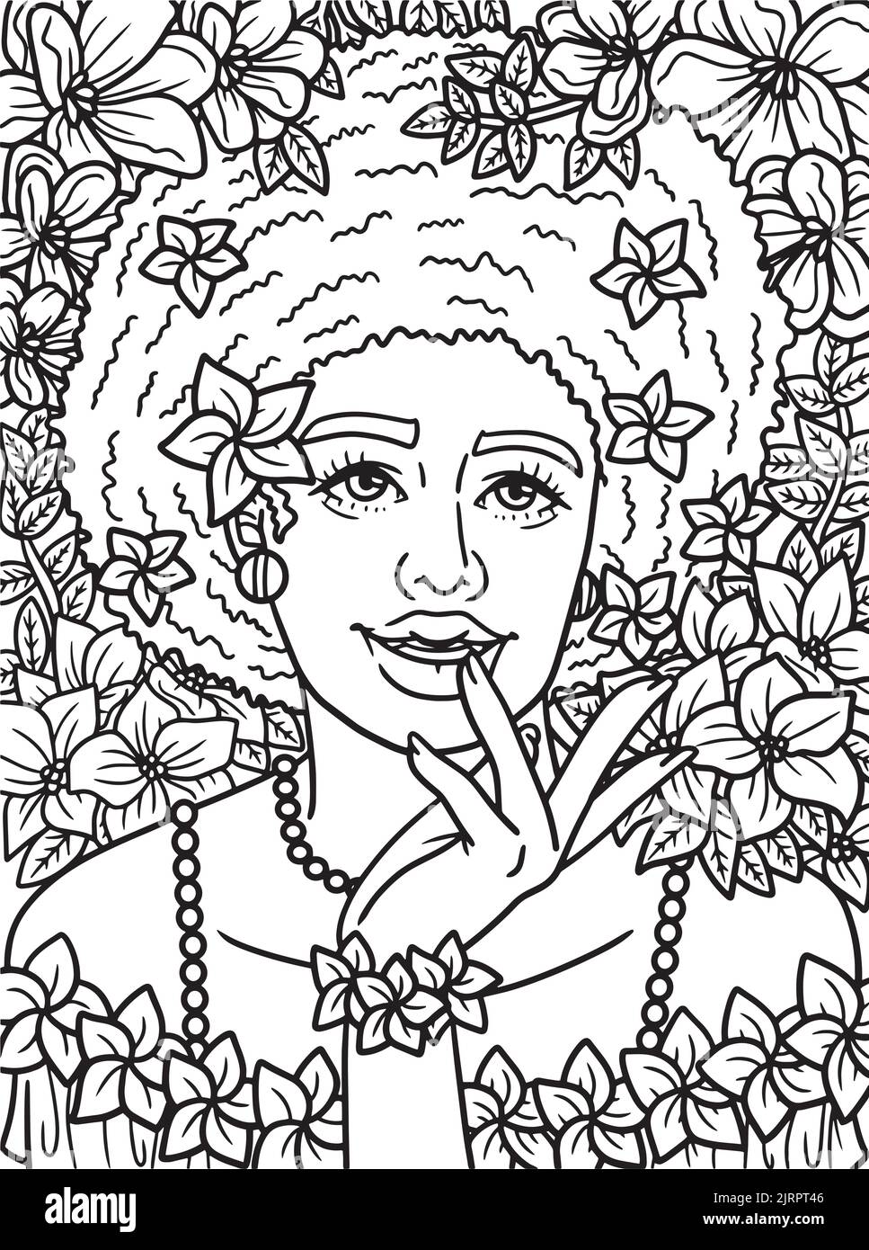 Afro American Flower Girl Coloring Page for Kids Stock Vector