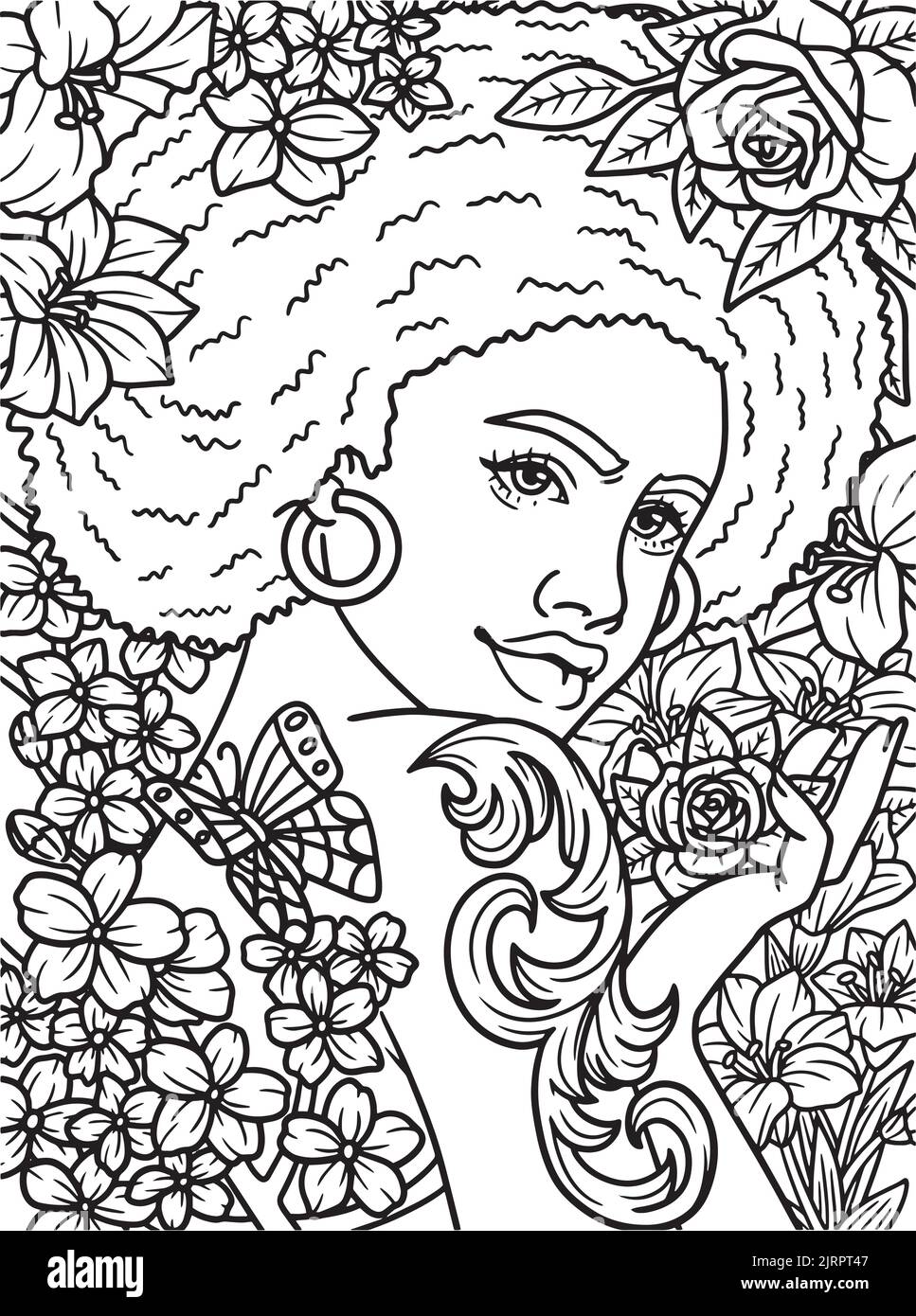 Afro American Girl Butterfly Coloring Page  Stock Vector