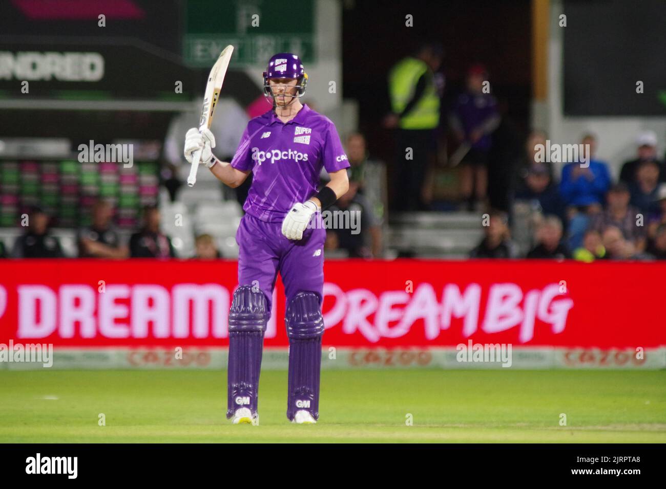 Leeds, England, 21 August 2022. Adam Hose batting for Northern Superchargers Men against Manchester Originals Men in The Hundred at Headingley raising his bat after reaching his half century. Credit: Colin Edwards Stock Photo