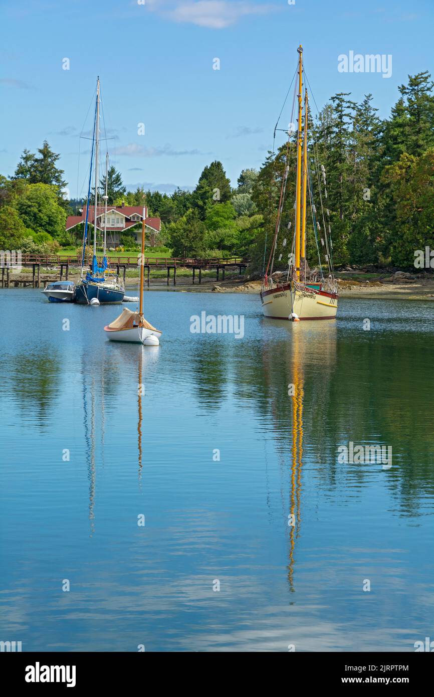 Washington, San Juan Islands, Orcas Island, Deer Harbor, sailboats at anchor Stock Photo