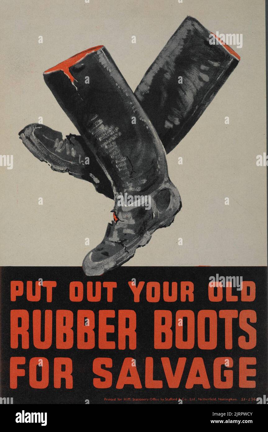 Poster, 'Put out your old rubber boots for salvage', circa 1942, Nottingham, by Stafford & Co., Ltd. Gift of Mr C H Andrews, 1967. Stock Photo