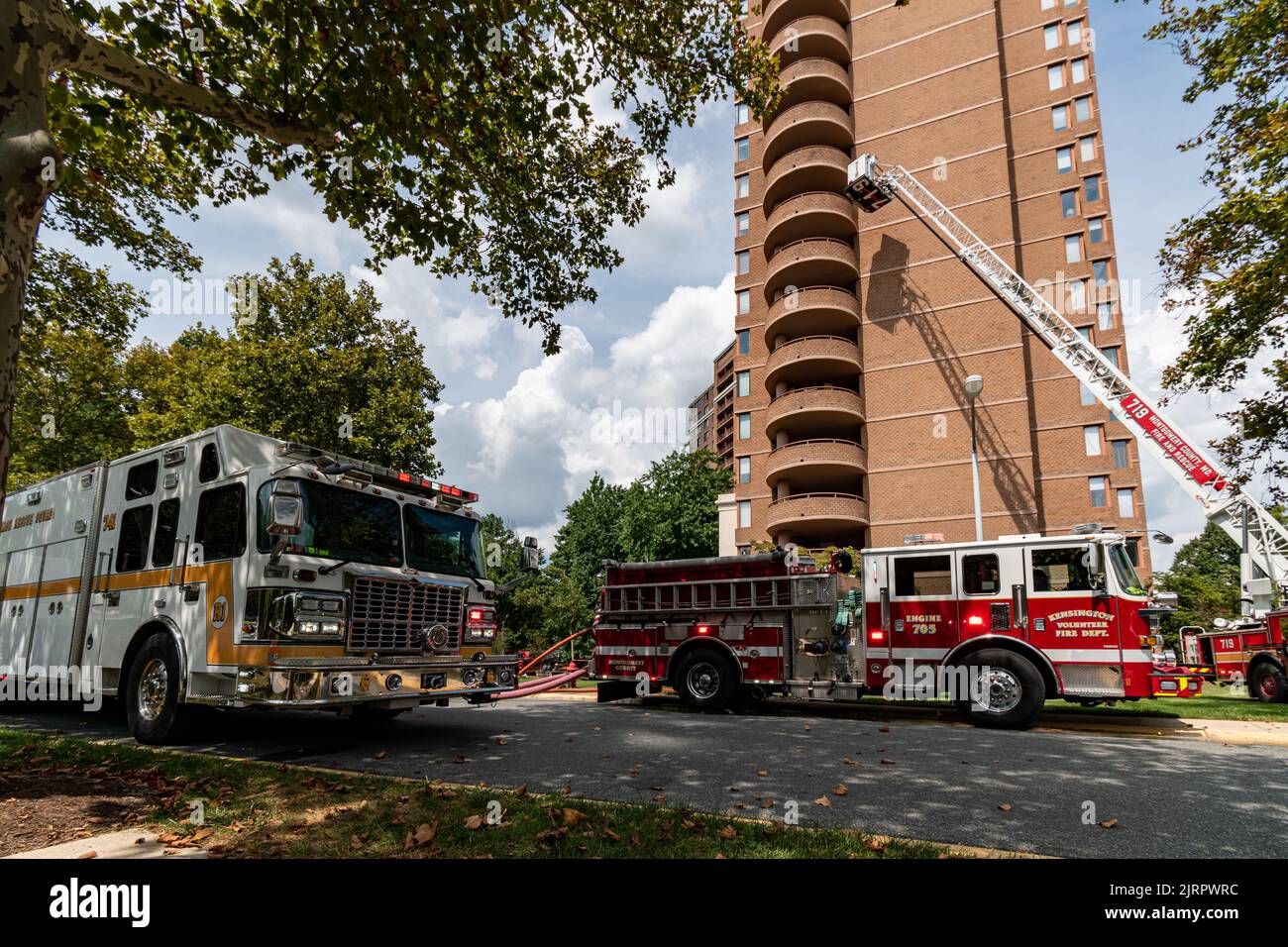 Fire apparatus at a high rise building fire in North Bethesda, Montgomery County, Maryland Stock
