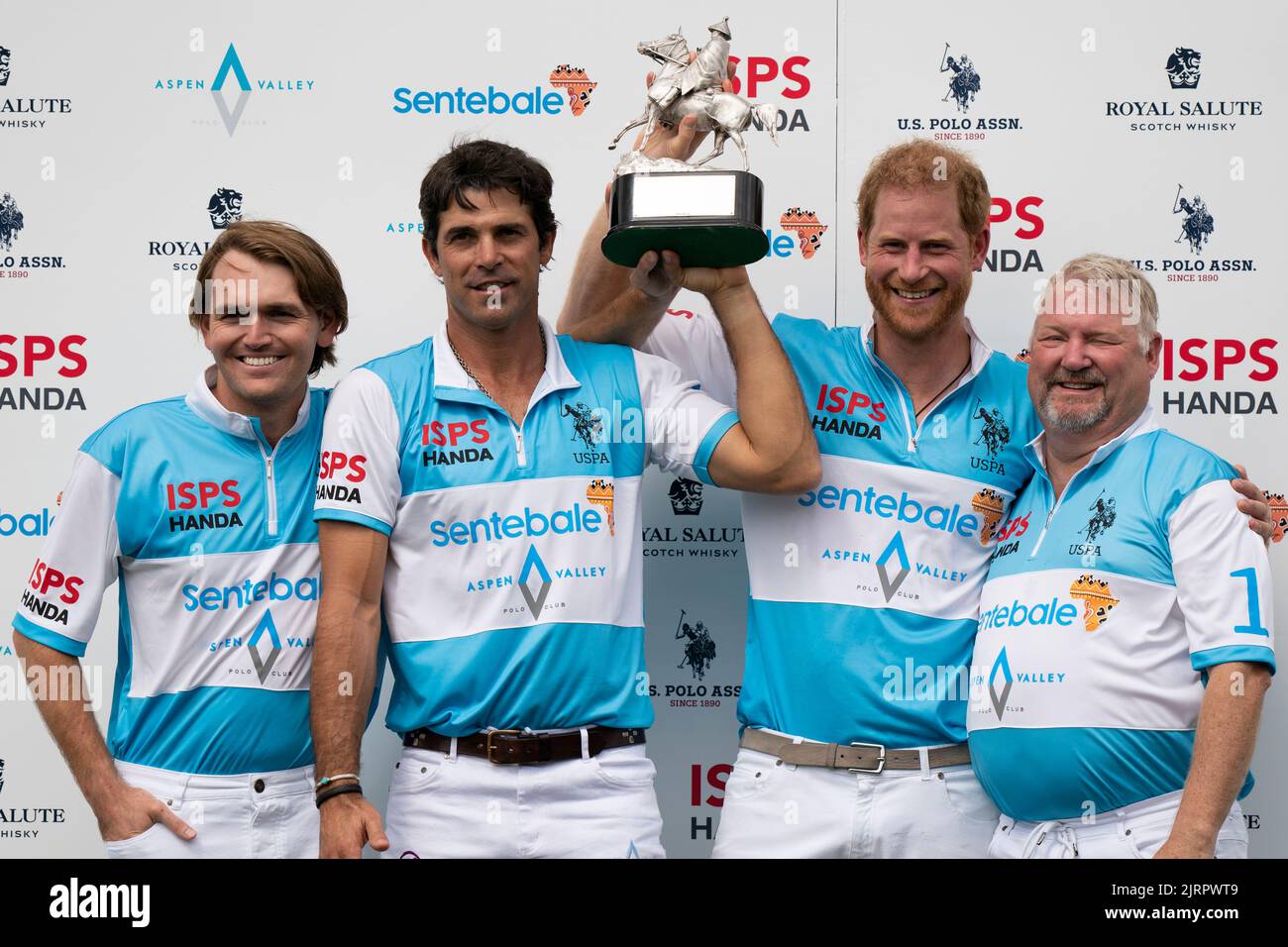 (left to right) Grant Ganzi, Nacho Figueras, the Duke of Sussex and Steve Cox raise the trophy after taking part in a polo match during the Sentebale ISPS Handa Polo Cup at the Aspen Valley Polo Club in Carbondale, Colorado in the United States. Picture date: Thursday August 25, 2022. Stock Photo