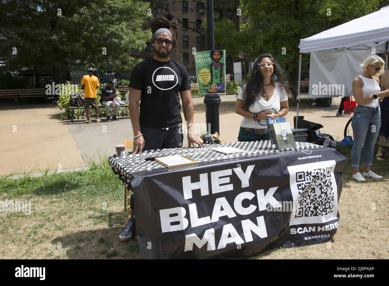 Black vegan food vendors, and African American organizations participate at Black VegFest at  Commodore Barry Park in Brooklyn, New York. Black Men Build is a an organization guided by these principles: We are Black Men organizing each other to serve our communities, to be students of history, to be critical thinkers, truth-tellers, and teachers in the present, and to develop the social, economic, political, and spiritual tools necessary to evolve and secure a Black Future. Stock Photo