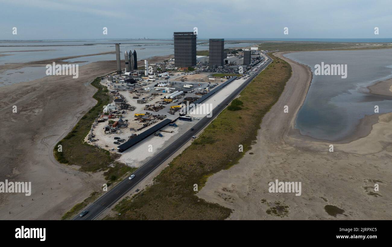 Aerial view of the SpaceX Starbase ahead of a news conference with SpaceX Chief Engineer Elon Musk and T Mobile CEO Mike Sievert, in Brownsville, Texas, U.S., August 25, 2022. REUTERS/Adrees Latif Stock Photo