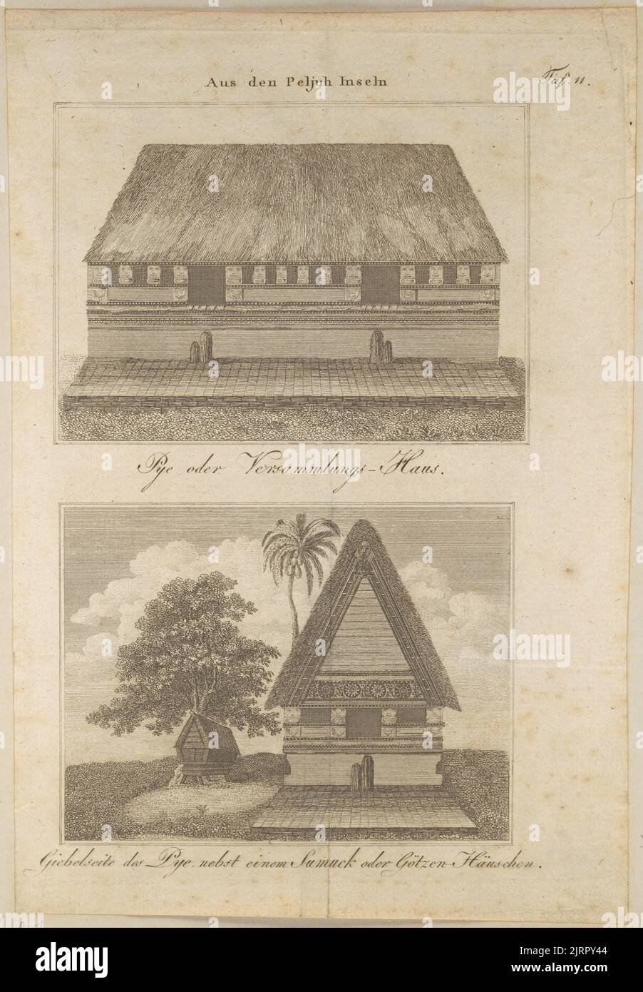 Storehouse, Tombhouse and Templehouse: Pelew Islands, 1816, Prague, by William Wilson. Acquisition history unknown. Stock Photo