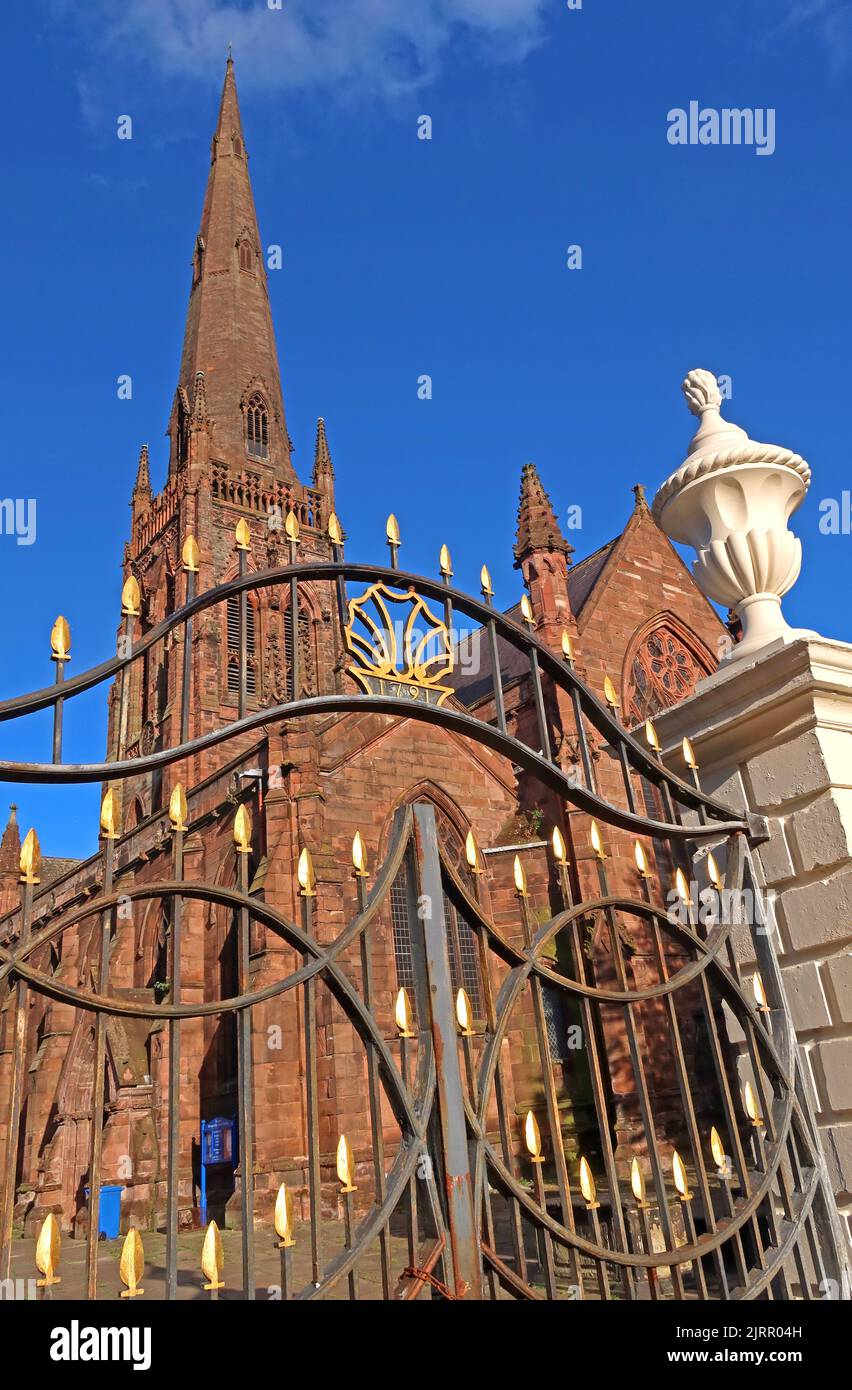 Gates and entrance to St Elphin's , blue skies, 129 Church Street, Warrington, Cheshire, England, UK , WA1 2TL Stock Photo