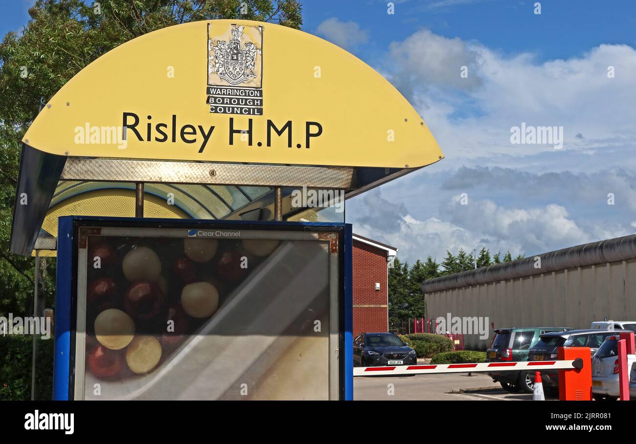 HMP Risley Bus stop, category C men's prison, Warrington Rd, Risley, Croft, Warrington WA3 6BP, operated by Her Majesty's Prison Service Stock Photo