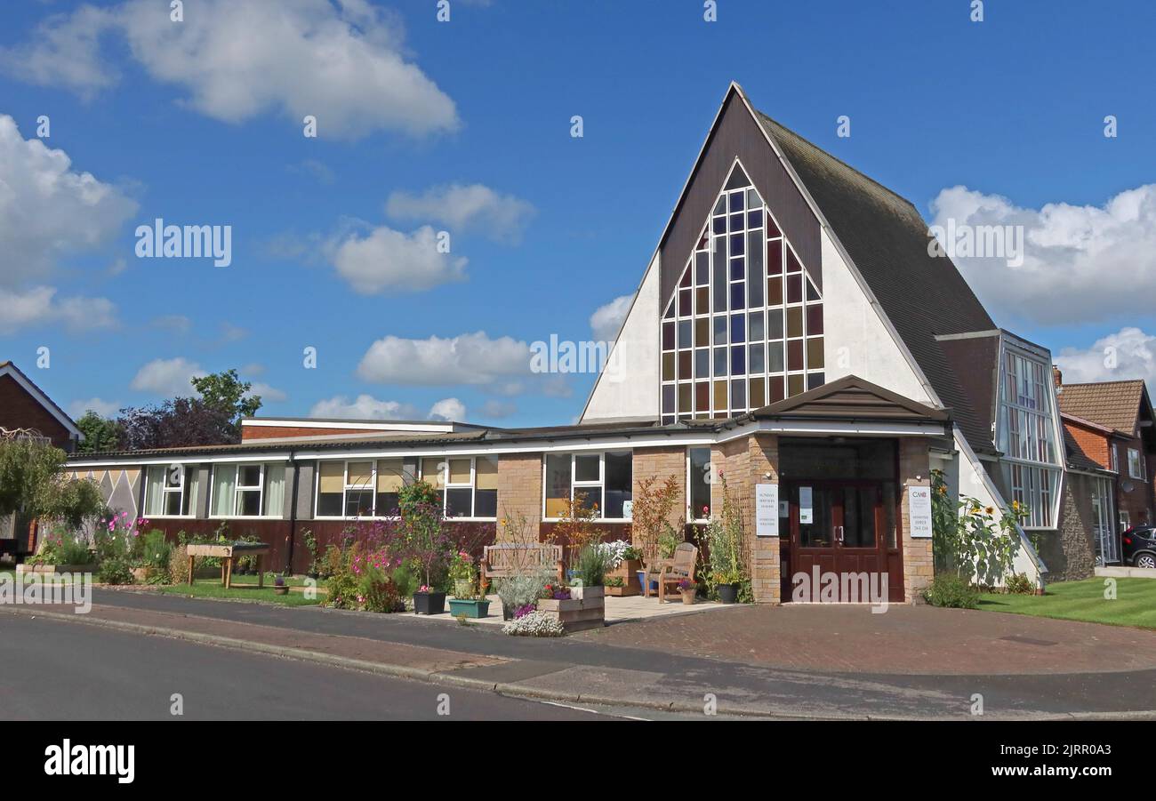 Delta triangle shaped modern Methodist Church, Culcheth, Warrington, Cheshire, England, UK Stock Photo