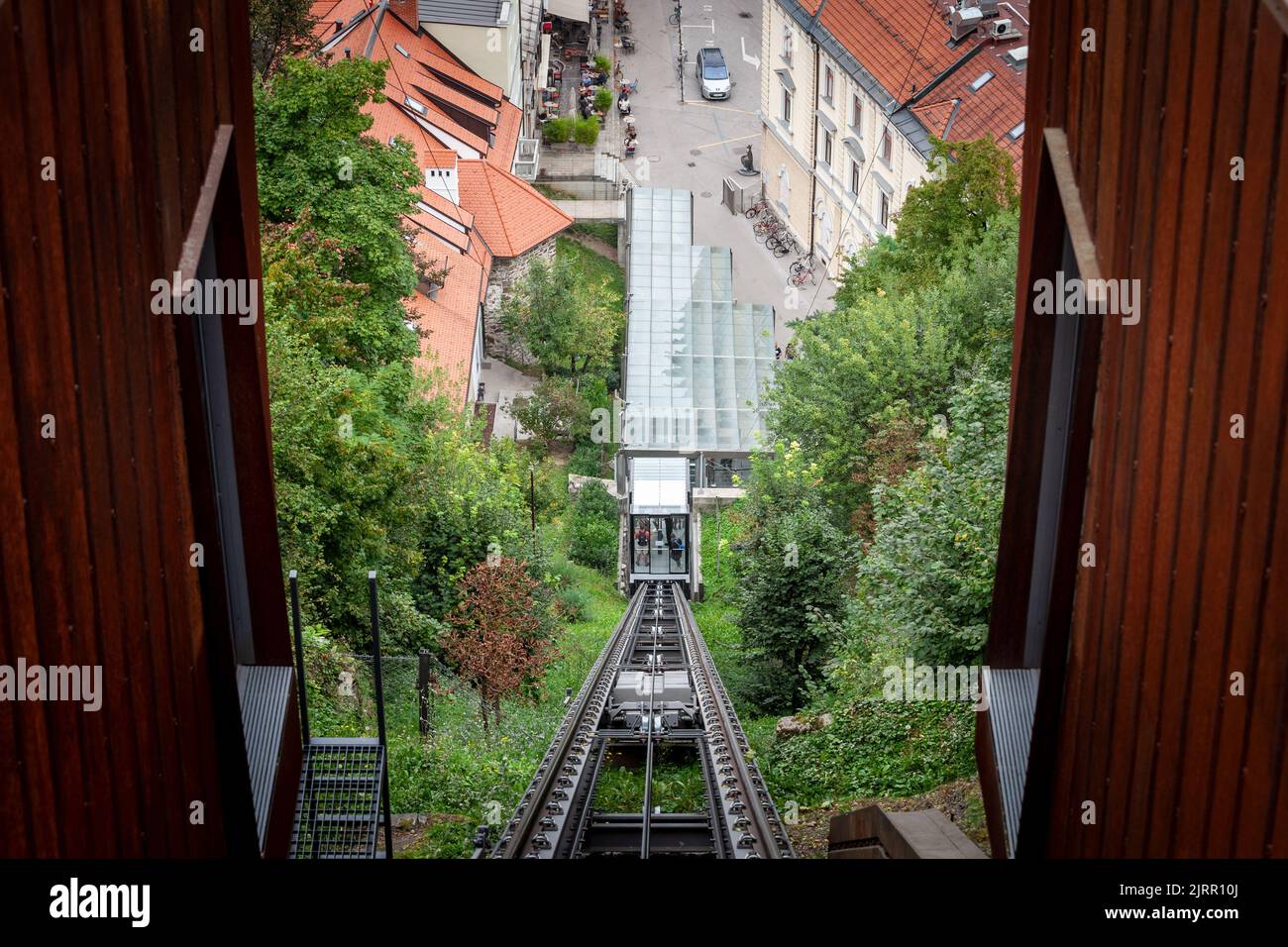 Picture of the ljubljana funicular. The Ljubljana Castle Funicular is a funicular railway in Ljubljana, the capital of Slovenia. It goes from Krek Squ Stock Photo