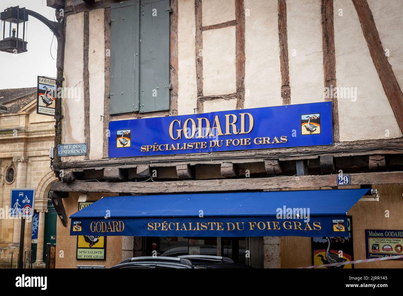 Picture of a sign with the logo of Godard on a boutique in the city center of Bergerac, Perigord, Dordogne, France. Foie gras is a specialty food prod Stock Photo