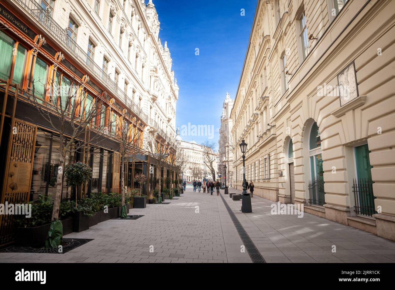 Picture of a typical panorama of Kigyo utca street of the city center of Budapest, capital city of Hungary; with apartment buildings. Stock Photo