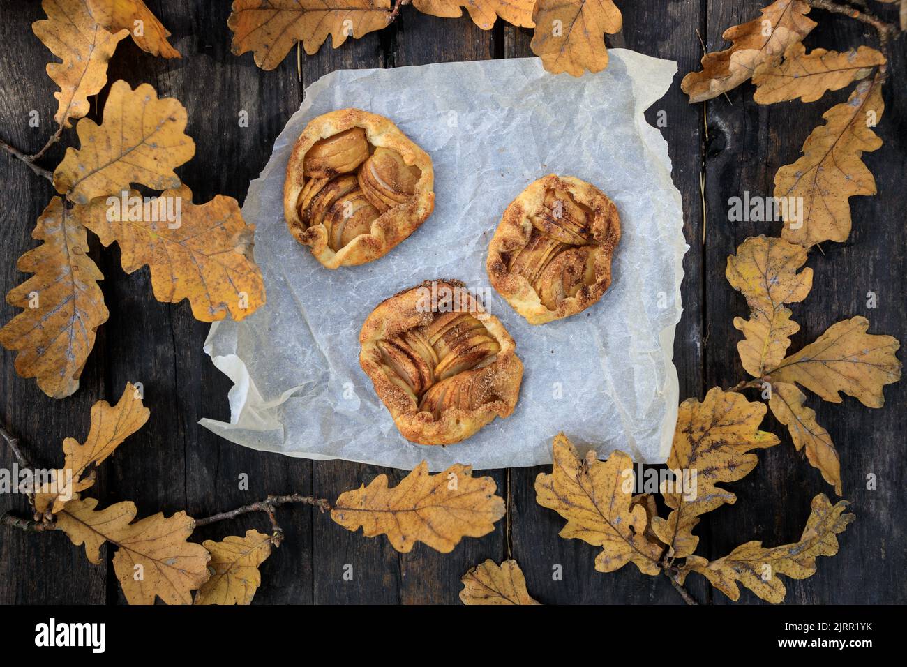 rustic traditional french biscuit cake with apples in autumn style, top view. Stock Photo